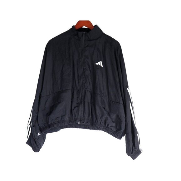 Adidas Women Medium Black Windbreaker Full Zip 3 Stripe Nylon Back Pocket Jacket - Picture 12 of 12